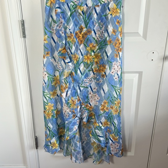 NWT KENSIE Womens Blue Ruffled Printed Spaghetti Strap V Neck Tea-Length 14 - Picture 4 of 10